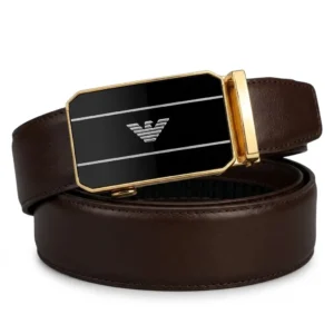 Premium men's brown leather belt with gold automatic ratchet buckle and sleek black accent plate